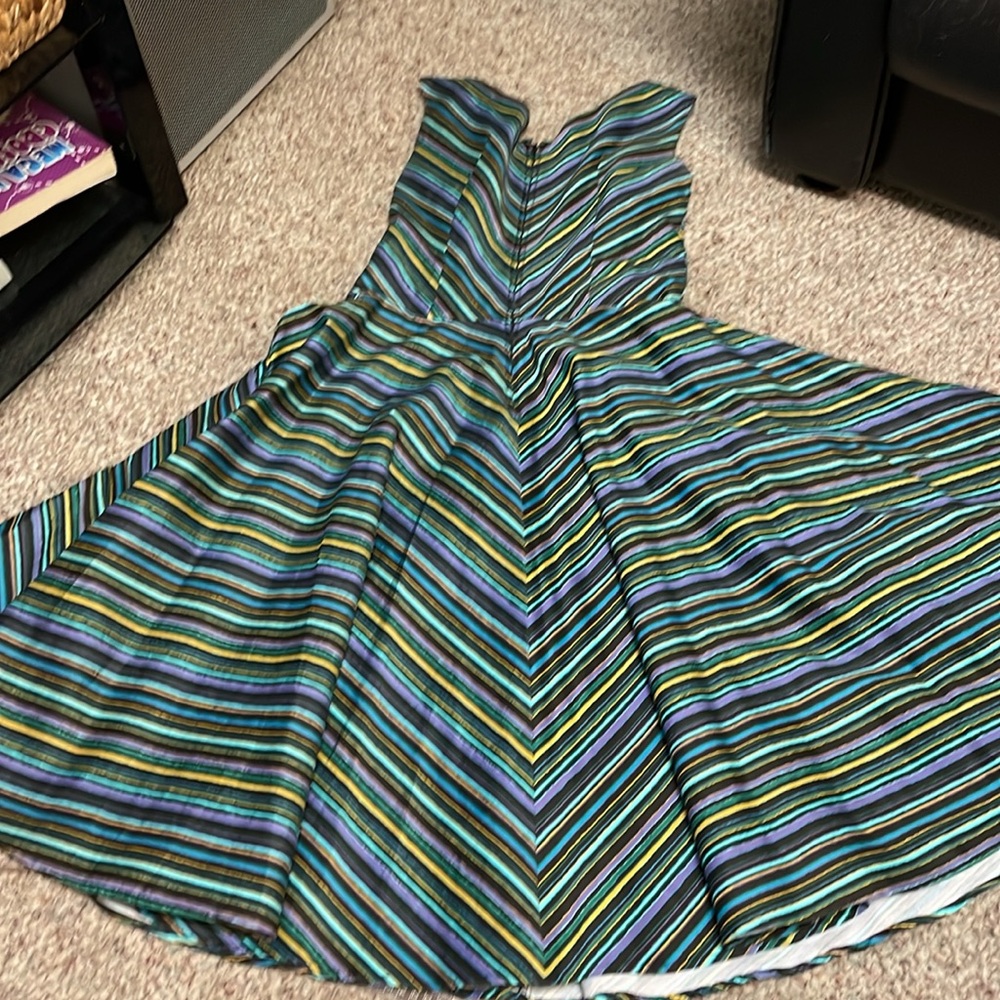 Pinup Couture Black Striped Fit & Flare Dress with Green and Blue Accents - Picture 11 of 12